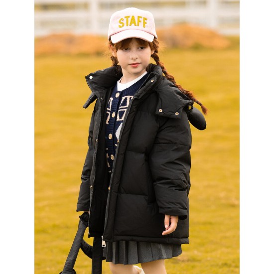 Down jacket for girls medium length windproof hooded thickened down jacket for girls