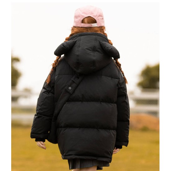 Down jacket for girls medium length windproof hooded thickened down jacket for girls