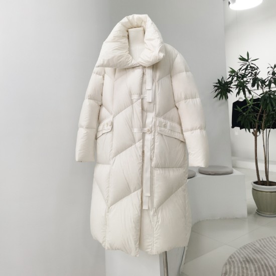 Women's long knee-length down jacket white duck down