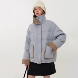 Splicing warm thick colour collision collar jacket women white duck down down jacket