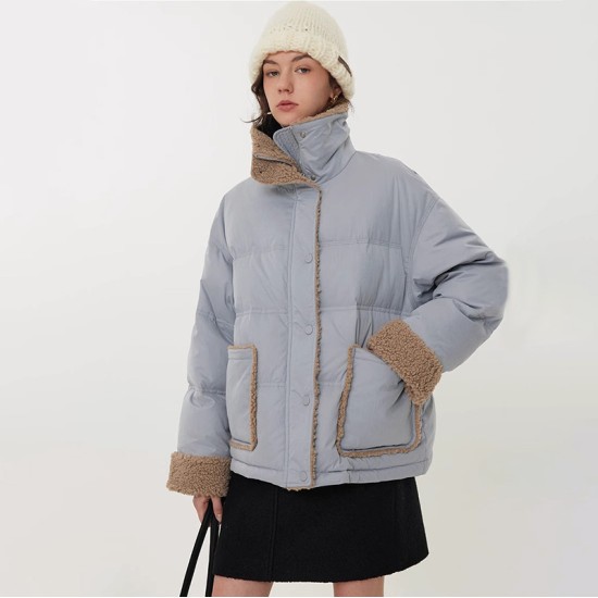 Splicing warm thick colour collision collar jacket women white duck down down jacket