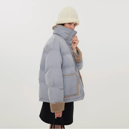 Splicing warm thick colour collision collar jacket women white duck down down jacket