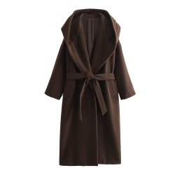 Hooded curry coloured belted long tweed coat women