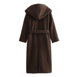 Hooded curry coloured belted long tweed coat women