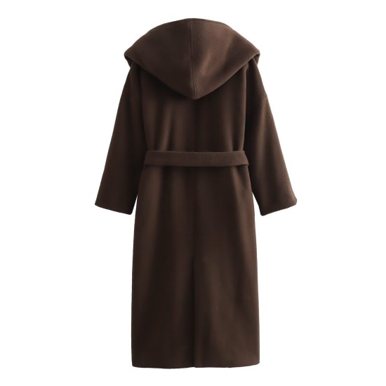 Hooded curry coloured belted long tweed coat women