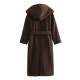 Hooded curry coloured belted long tweed coat women