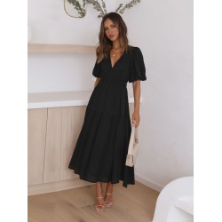 Premium Deep V Bubble Sleeve Vacation Dresses Fashion Women's