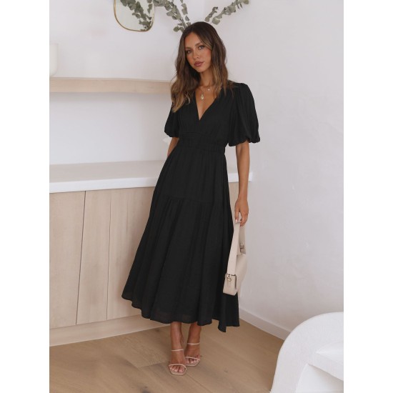 Premium Deep V Bubble Sleeve Vacation Dresses Fashion Women's