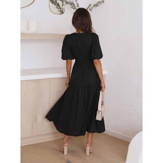 Premium Deep V Bubble Sleeve Vacation Dresses Fashion Women's